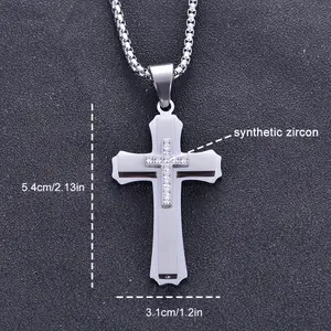 Stainless Steel Multi-layer Cross Pendant Necklace with Diamonds for Men, Popular Accessory bracelet Zen Fidget Stretch Gradient Bead Rosary herringbone Gold-Plated Crucifix Versatile Heart name