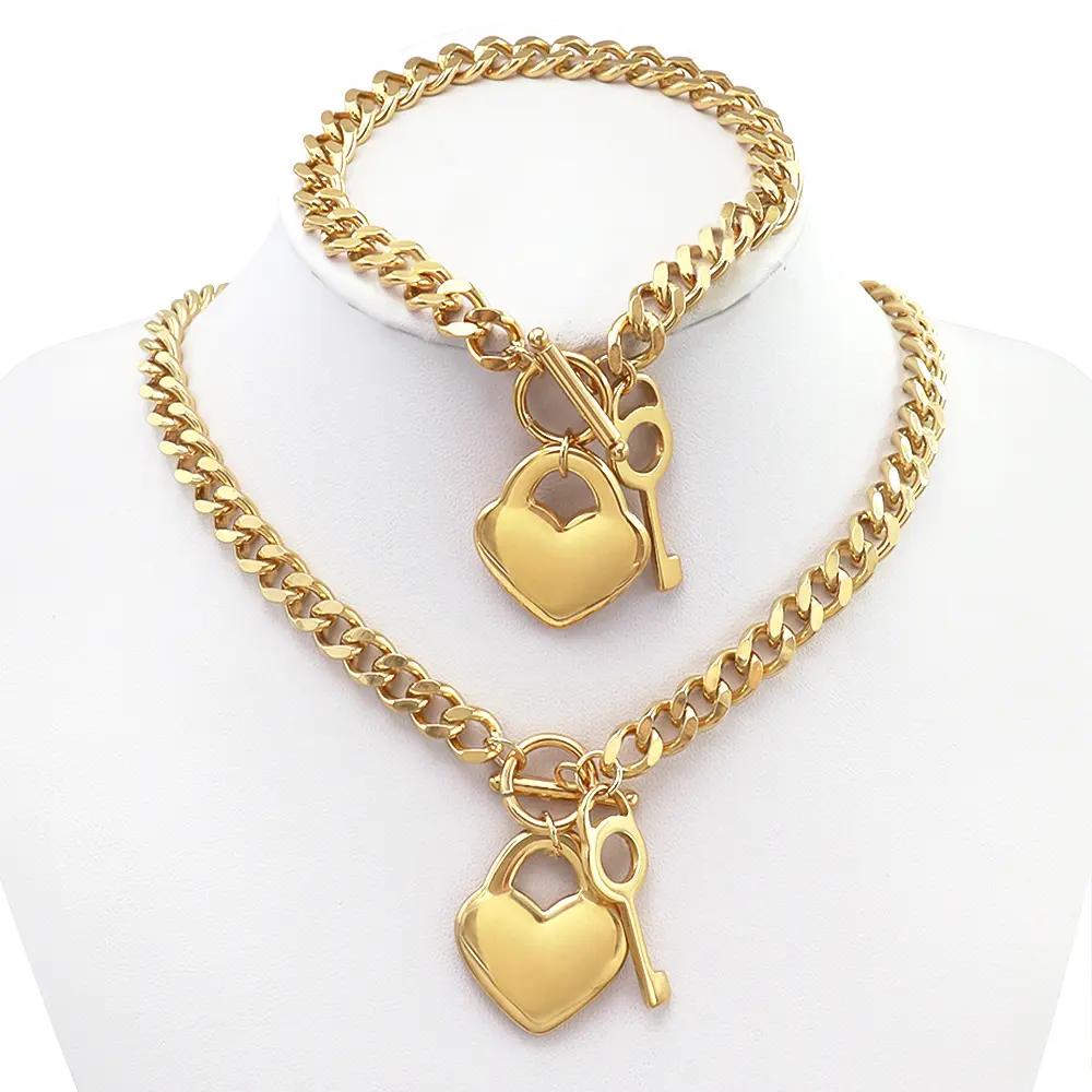 Stainless Steel 18k Gold Plated Cuban Link Chain Big Heart Bracelet Necklace Jewelry Set Women