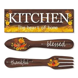 3-Piece Kitchen Wall Decor Set, Vintage Wooden Fork Knife Signs, Heartfelt Gratitude Wall Art for Rustic Kitchens and Restaurants