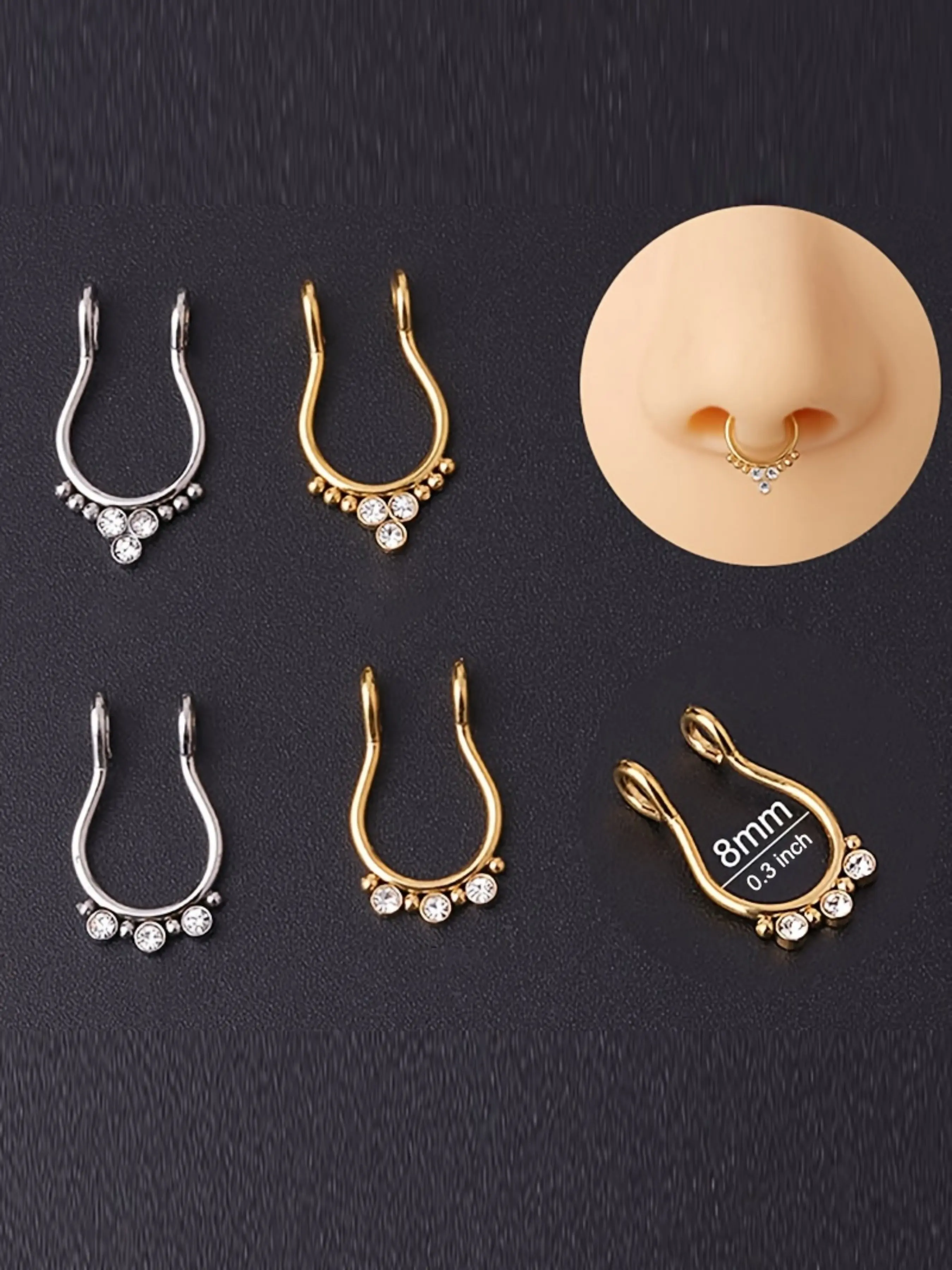 2pcs Rhinestones Beads Fake Septum Nose Hoop Rings, Faux Septum Piercings, Stainless Steel Septum Ring, Non Piercing Clip on Nose Ring, Body Piercing Jewelry, Body Jewellery, Nose Rings Hoops