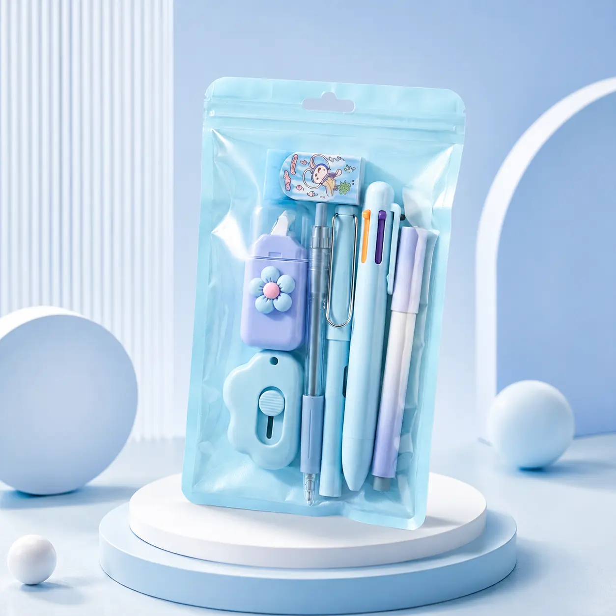 Pastel Blue All-In-1 Kawaii Stationery Kit - Portable Back to School Shopping Essentials, Cute School Supplies for Teenage Girls Gifts (Correction Tape, Mechanical Pencil, Multi-Color Pen, Eraser, Pencil Sharpener, Home & Office Desk Accessories)
