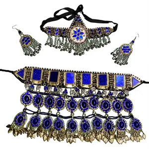 Afghan Kuchi Jewellery Set - Blue Crystal Matha Patti, Earrings & Necklace for Youth - Handmade with Traditional Afghan Detailing - Perfect for Mehndi, Bridal, Festival, and Cultural Events