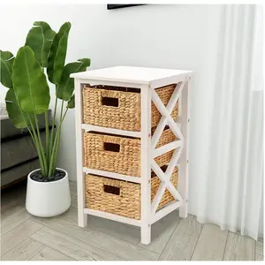 eHemco 3 Tier X-Side End Table with Wicker Baskets for Bedside, Living Room, White