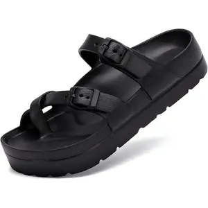 Womens Arch Support Platform Sandals Comfort Slides Thick Soles Flat Sandals With Adjustable Buckle & Ultra Cushion