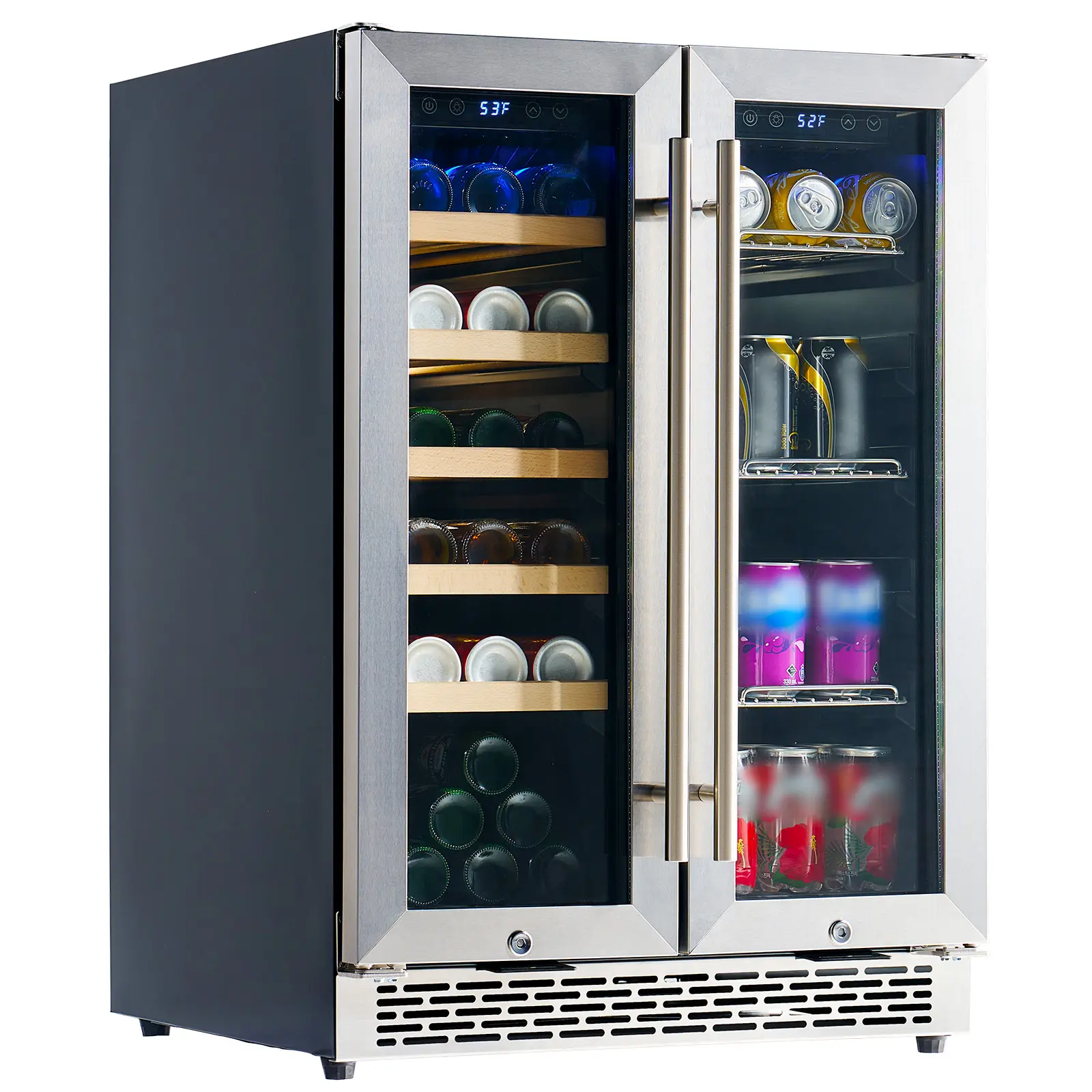 Vanacc Beverage Refrigerator-24 In Fridge Cooler Dual Zone with Glass Door, Under Counter/Freestanding Wine and Beer Fridge Holds 20 Bottles & 78 Cans, For Kitchen, Bar, Office, 34-64℉