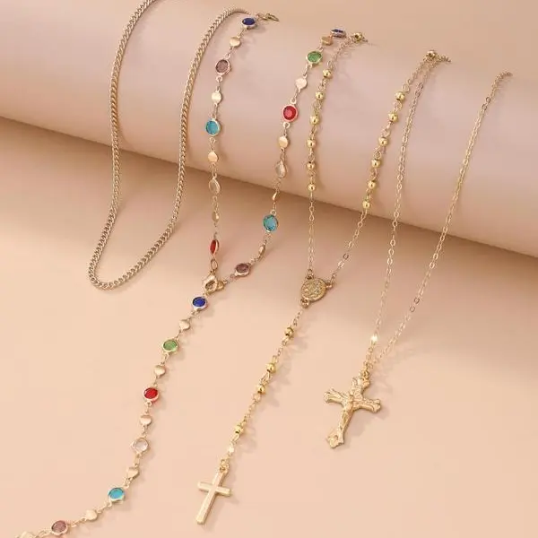 Vintage Cross Pendant Necklace Set - 4-Piece Layered Y-Style Chains with Colorful Crystals for Bohemian Fashion Enthusiasts #LayeredNecklace