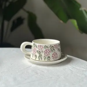 Handmade pottery coffee tea cup, mug with purple wistaria. Flower ceramic tableware. Birthday, wedding, festival gift.