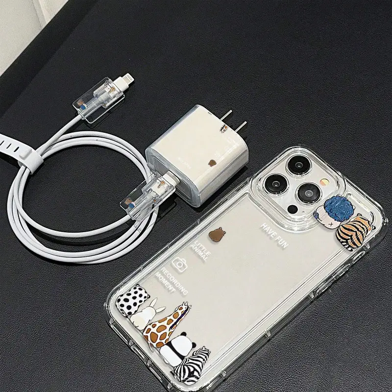 5 Piece Set Transparent Cute Animal Phone Case, Charger Head Cover, Cable Protector, Storage Rope, Anti-Drop Tpu Case for iPhone