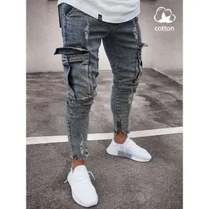 Men's Slim Fit Elastic Denim Work Pants, Ripped Tight Design, Vintage Raw Hem, Straight Fashion Style, Comfortable Waist, Casual Wear