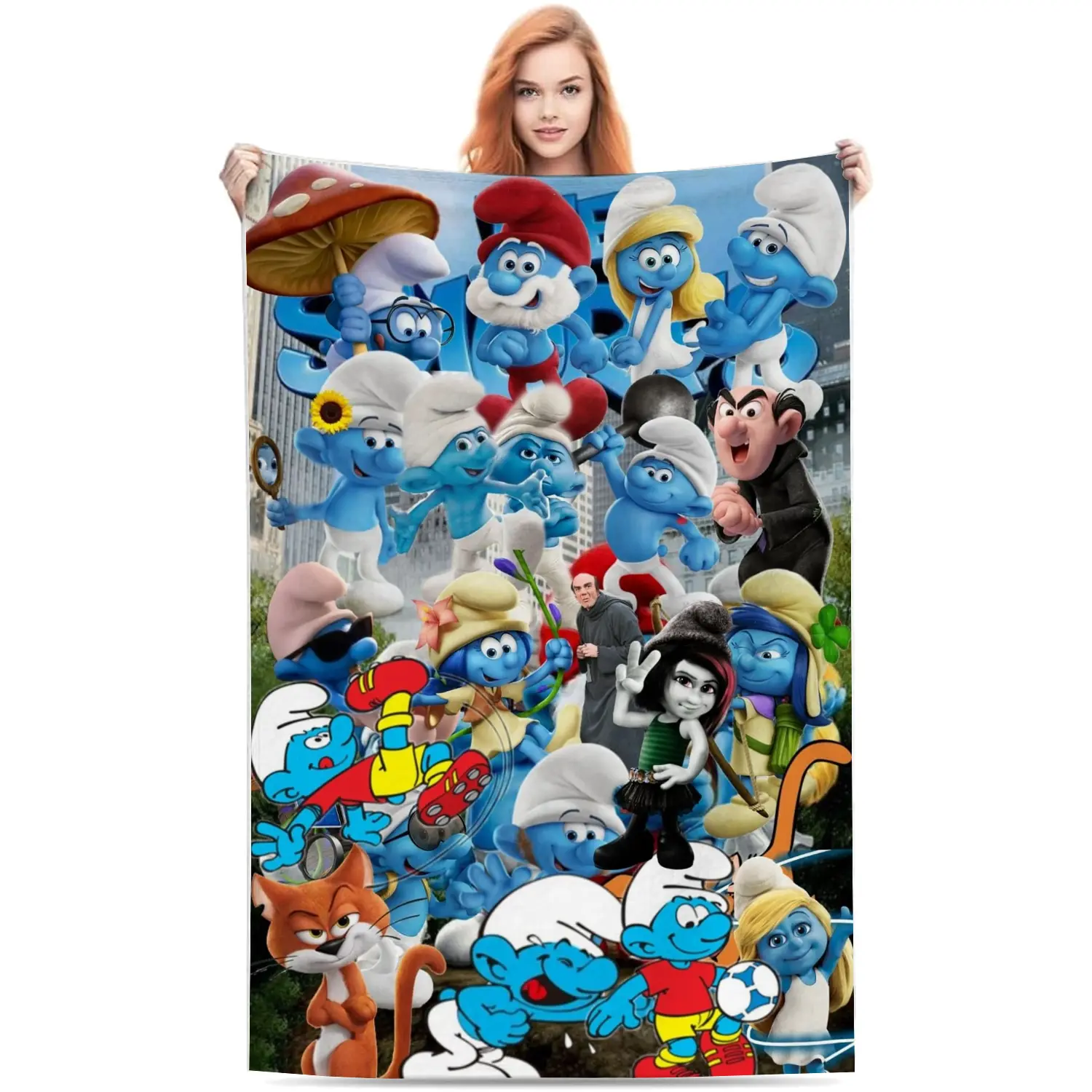 Classic The Smurfs Full Character Collage Soft Flannel Throw Blanket, Nostalgic Cartoon Print Cozy Warm Cover for Sofa Bedroom Kids Room Dorm Decor, Perfect Collectible Gift for Vintage Animation Fans Children