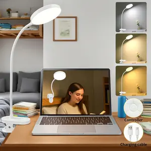 1PC LED Rechargeable Desk Lamp Clip Reading Light, 3 Colors 10 Brightness Bed Light- Eye Caring Adjustable Flexible Gooseneck Table Lamp, Modern Computer Lamp, 1800mAh Battery Book Light at Night for Studying for Bunk/Headboard/Dorm/word Adjustable Lights
