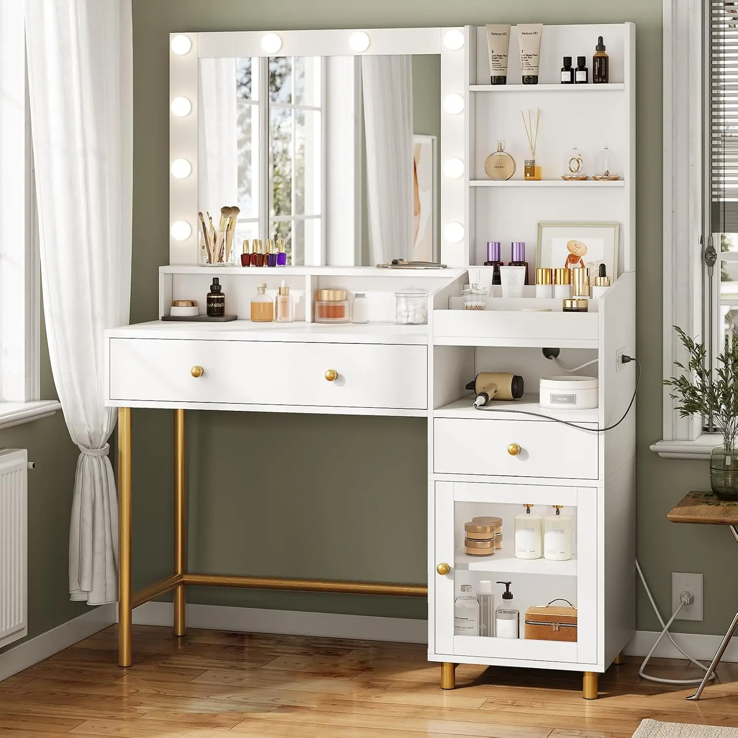 VIAGDO Lighted Wood-Metal Stylish Modern Glass-Top Makeup Vanity Table Set - LED Functional Dressing Table with Mirror, Charging Station, Unique Separation Design, Ideal for Room Decor, Mother's Day Gifts, Stylish Makeup Vanities, Lighted Dressing Tables