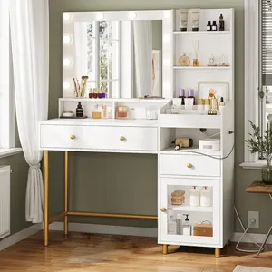 AOGLLATI Lighted Wood-Metal Vanity Table Set - LED Vanity Dresser with Mirror, Charging Station, Unique Separation Design, Ideal for Room Decor, Household Items Decor, Mother's Day Gifts