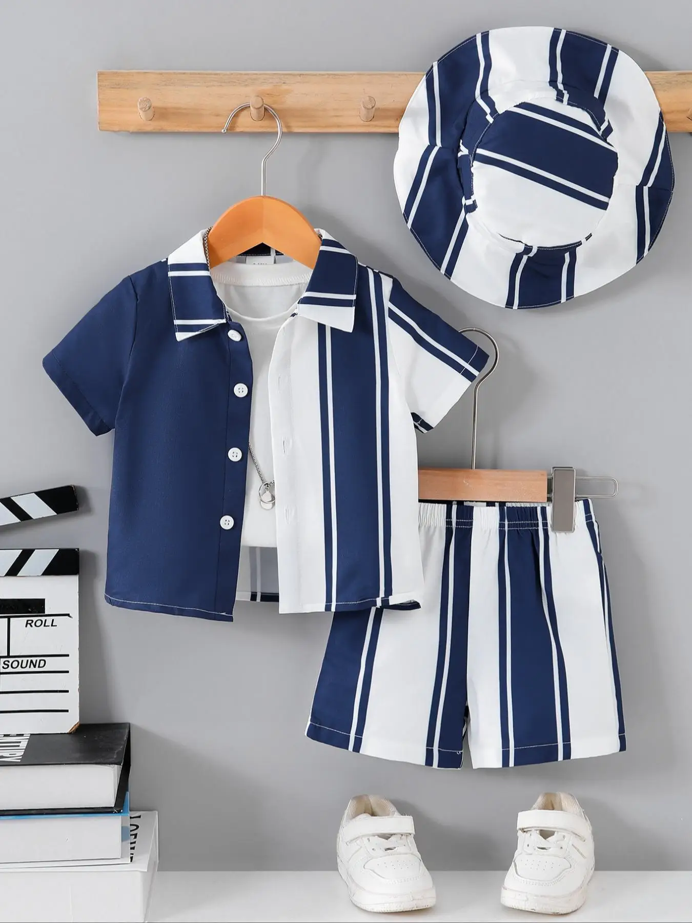 Boy's Striped Print Button Front Shirt & Elastic Waist Shorts & Hat Set without Shoes, Casual Three-piece Set for Daily Wear, Summer Clothes for Kids