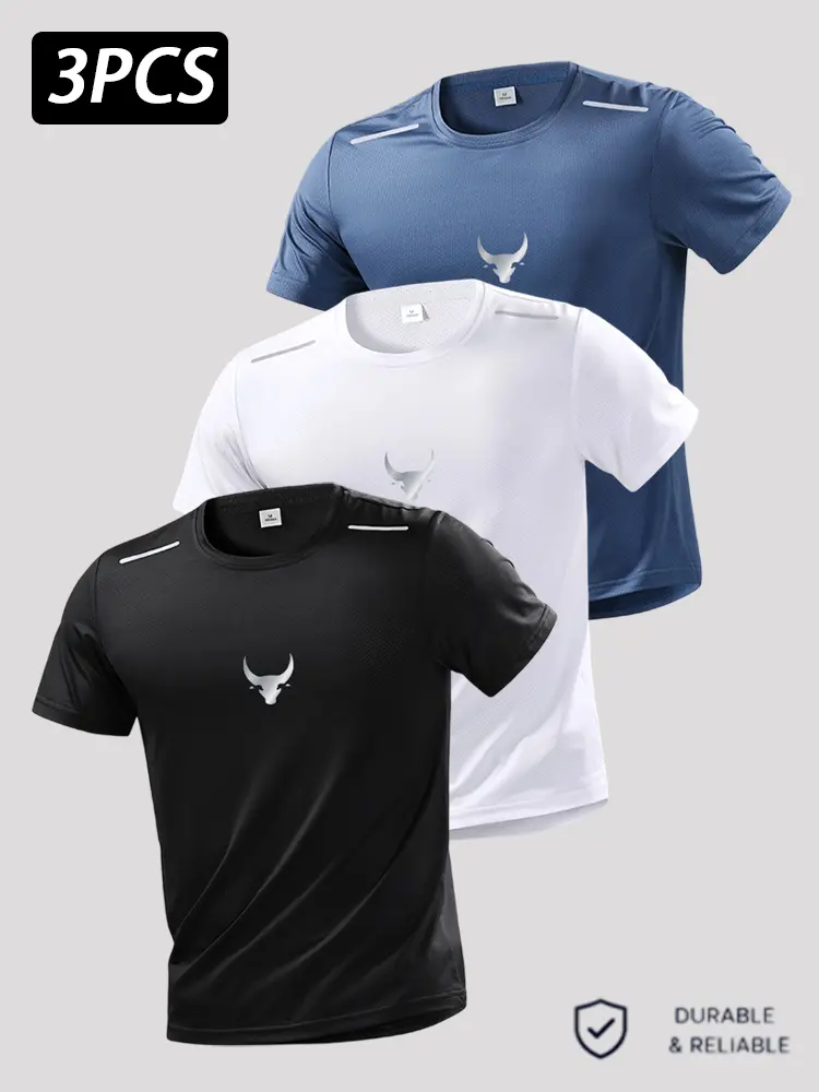 Men’s Bull Head Graphic Athletic T-Shirts, 1 Pack/2 Pack/3 Pack Options, Lightweight Mesh Crew Neck Short Sleeve Workout Tops with Reflective Shoulder Detail, Regular Fit Activewear for Gym, Running, Training and Everyday Wear