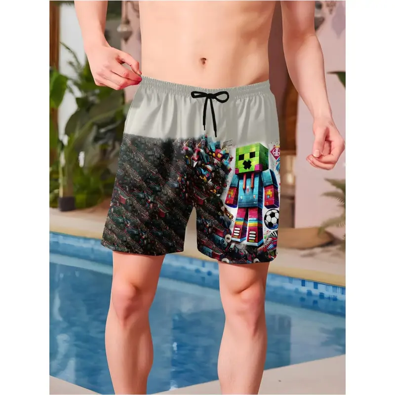Boys' Fashion Swim Trunks Quick-Dry 3D Printed Cartoon Character Football Beach Surfing Shorts Travel Beachwear