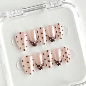 10pcs Brown Short Almond Handmade Press-On Nails,Almond Shape Nails,French Tip Nails,Simple Nails,Polka Dots Nails,White Nails,Shimmer Powder Nails,Fake Nails,Suitable For Women's Fall And Winter Christmas Parties,Dances,Daily Casual Wear