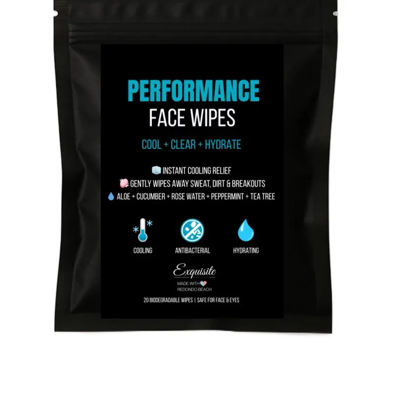 Exquisite Performance Face Wipes - Cool Clear Hydrate with Peppermint Cucumber Witch Hazel Tea Tree & Aloe - 20 Biodegradable Wipes for Athletes Teens & On-the-Go Use