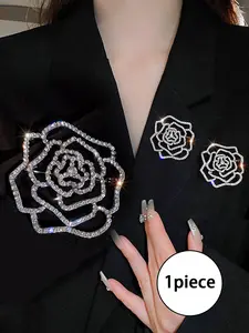 Fashionable Hollow Out Rhinestone Camellia Flower Brooch, Elegant Rose Pin for All Seasons, High-End Style Jewelry Accessory