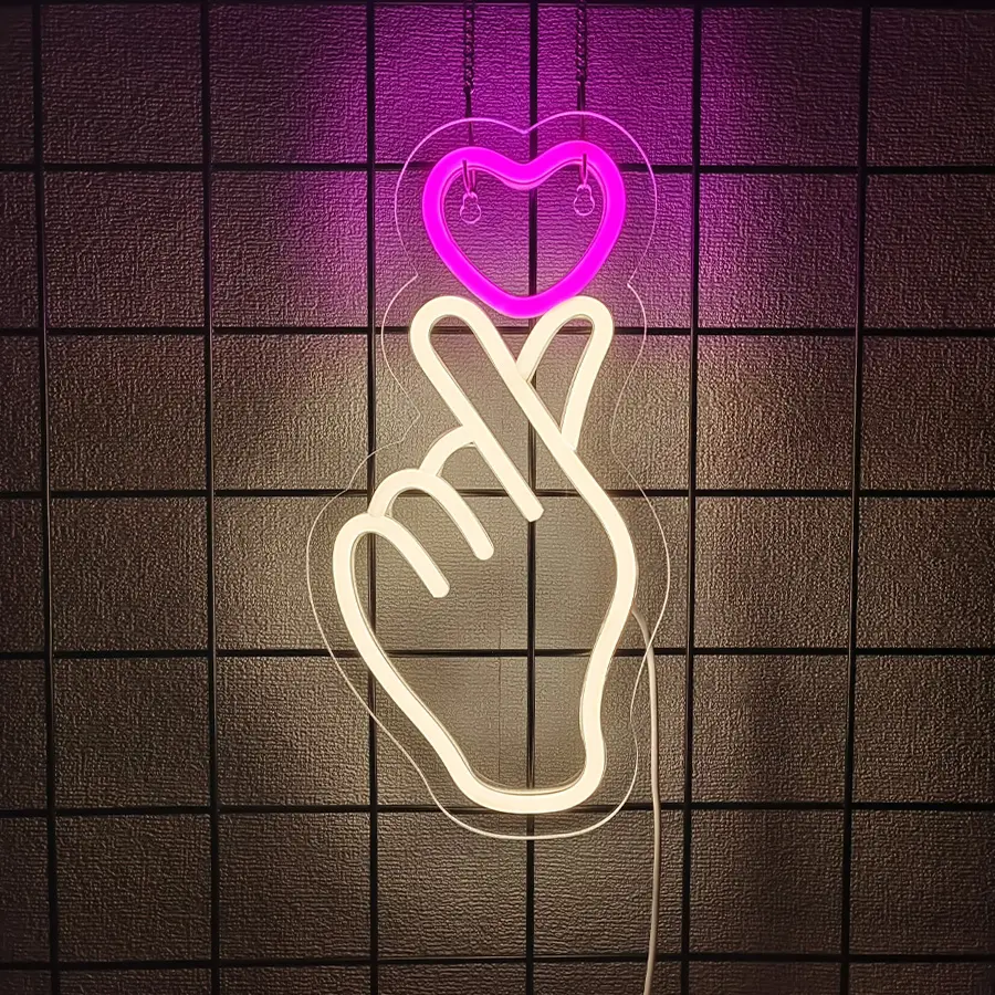 Neon Heart Hand Sign LED Light, & Warm K-Drama Gesture Neon Lamp, USB Powered Wall Decor for Bedroom & Game Room