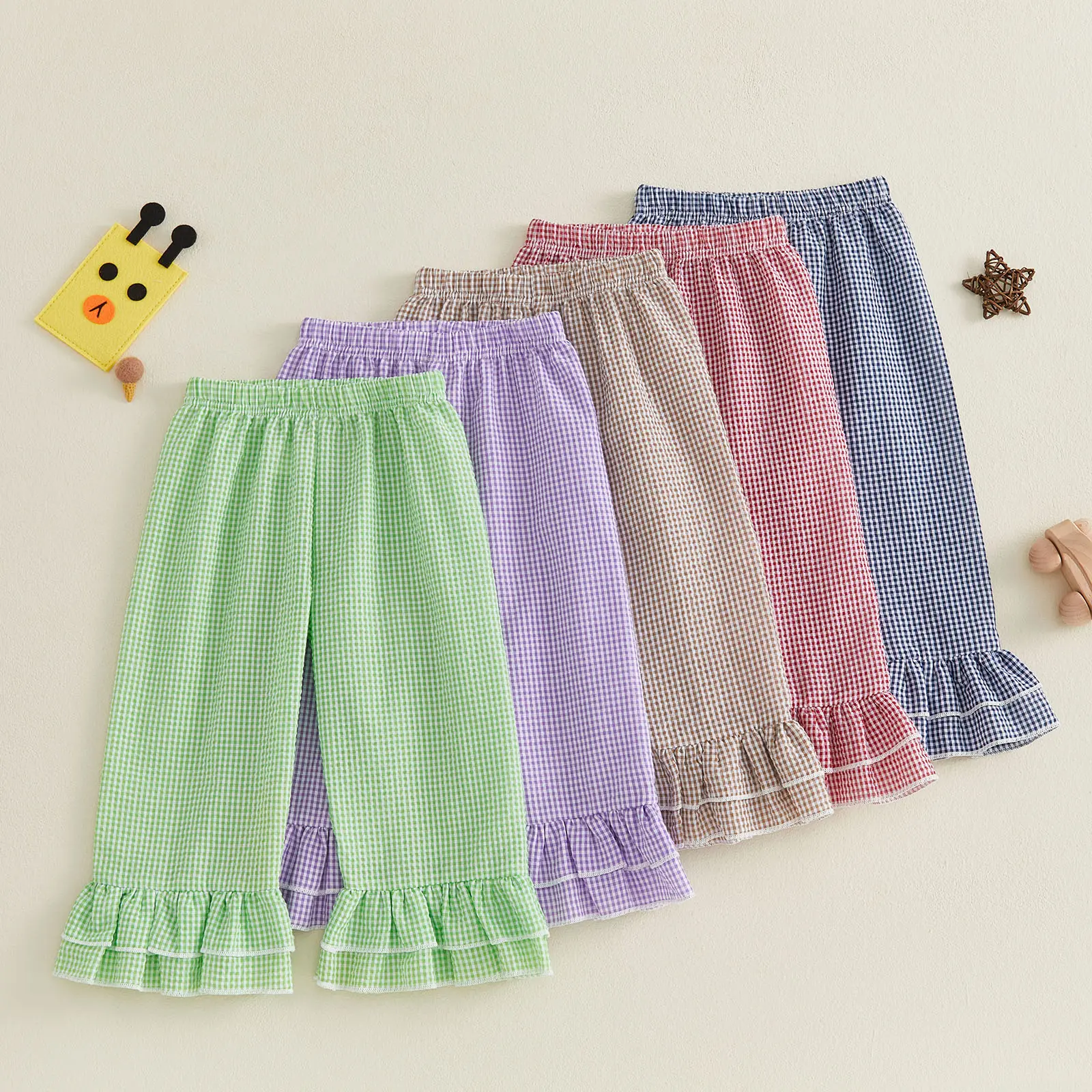 Canrulo Kids Toddler Girls Ruffle Flare Pants Casual Gingham Plaid Seersucker Pants Elastic Waist Loose Bottoms Trousers