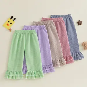 Canrulo Kids Toddler Girls Ruffle Flare Pants Casual Gingham Plaid Seersucker Pants Elastic Waist Loose Bottoms Trousers