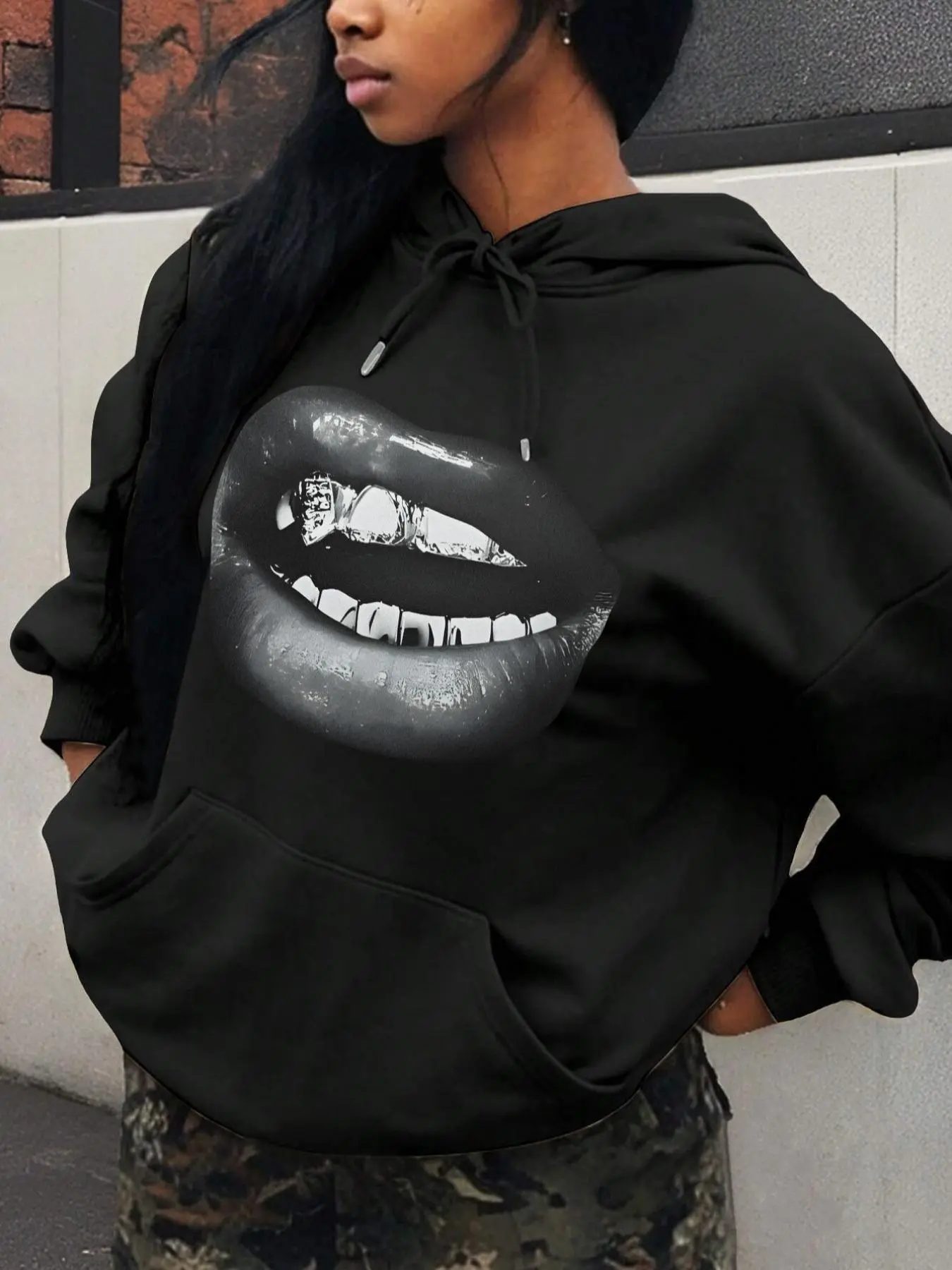 Women's Lip Print Hoodie, Fashion Casual Long Sleeve Hooded Sweatshirt for Daily Holiday Outdoor Wear, Ladies Clothes for Fall & Winter, Graphic Hoodies