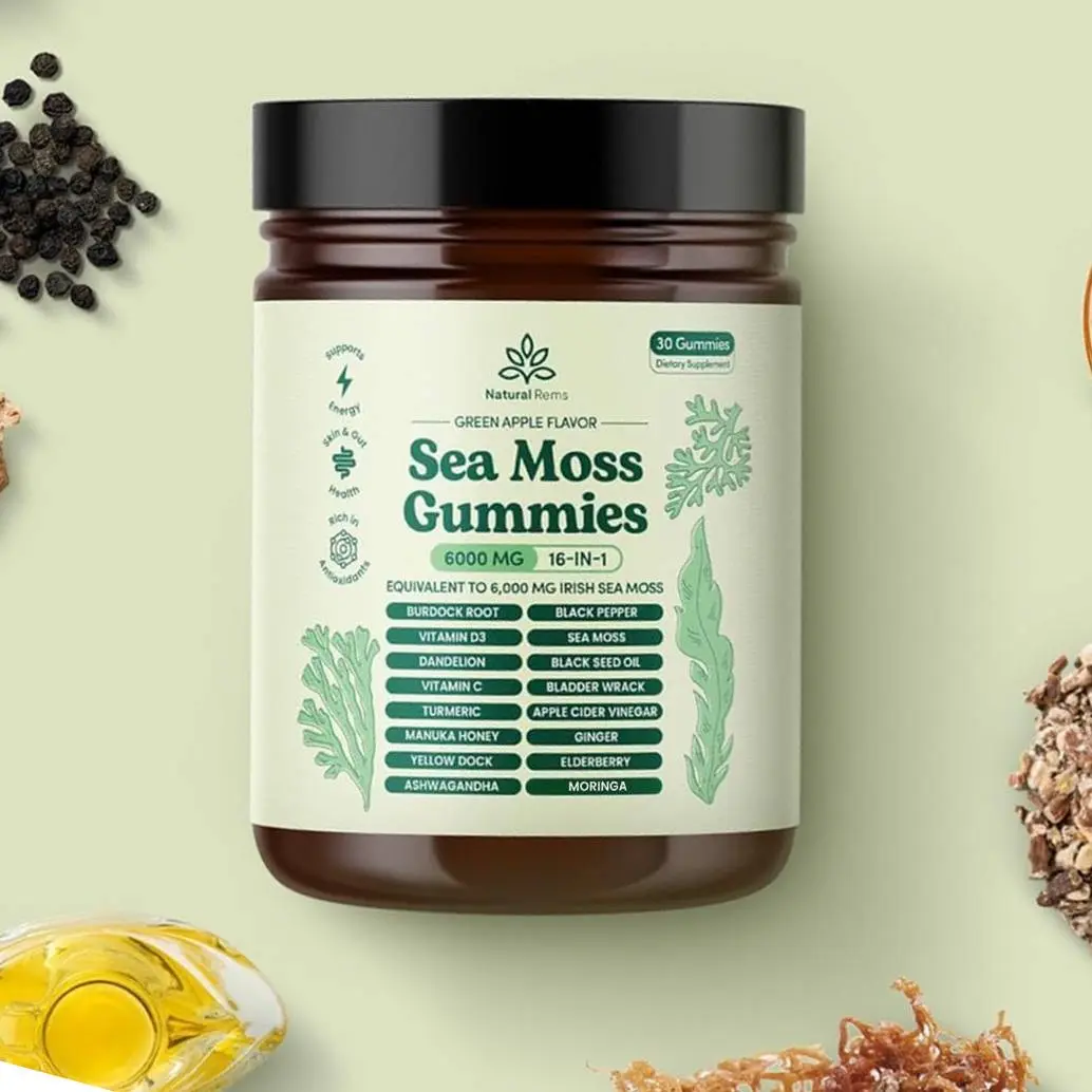 Sea Moss Gummies 16-in-1 - Ashwagandha Black Seed Oil Bladder Wrack Turmeric Vitamin C & D3 with Manuka Burdock Root Dandelion Yellow Dock Elderberry Apple Cider Vinegar (Green Apple)