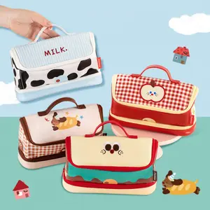 4 simple cartoon house shaped pencil cases with apple, puppy graffiti designs, portable, multi layer large capacity, made PU Oxford cloth, DIY organisation convenient storage pens stationery