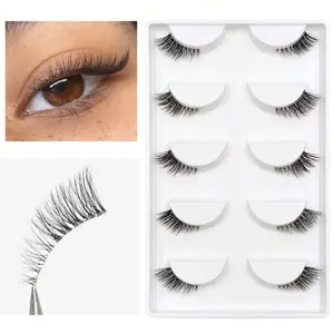 Five Pairs Strip Half Lashes, Cat Eye Effect, Natural Curl, 6-9-12mm, Soft Fluffy, Transparent Stem, Perfect Curl, Suitable for Beginners
