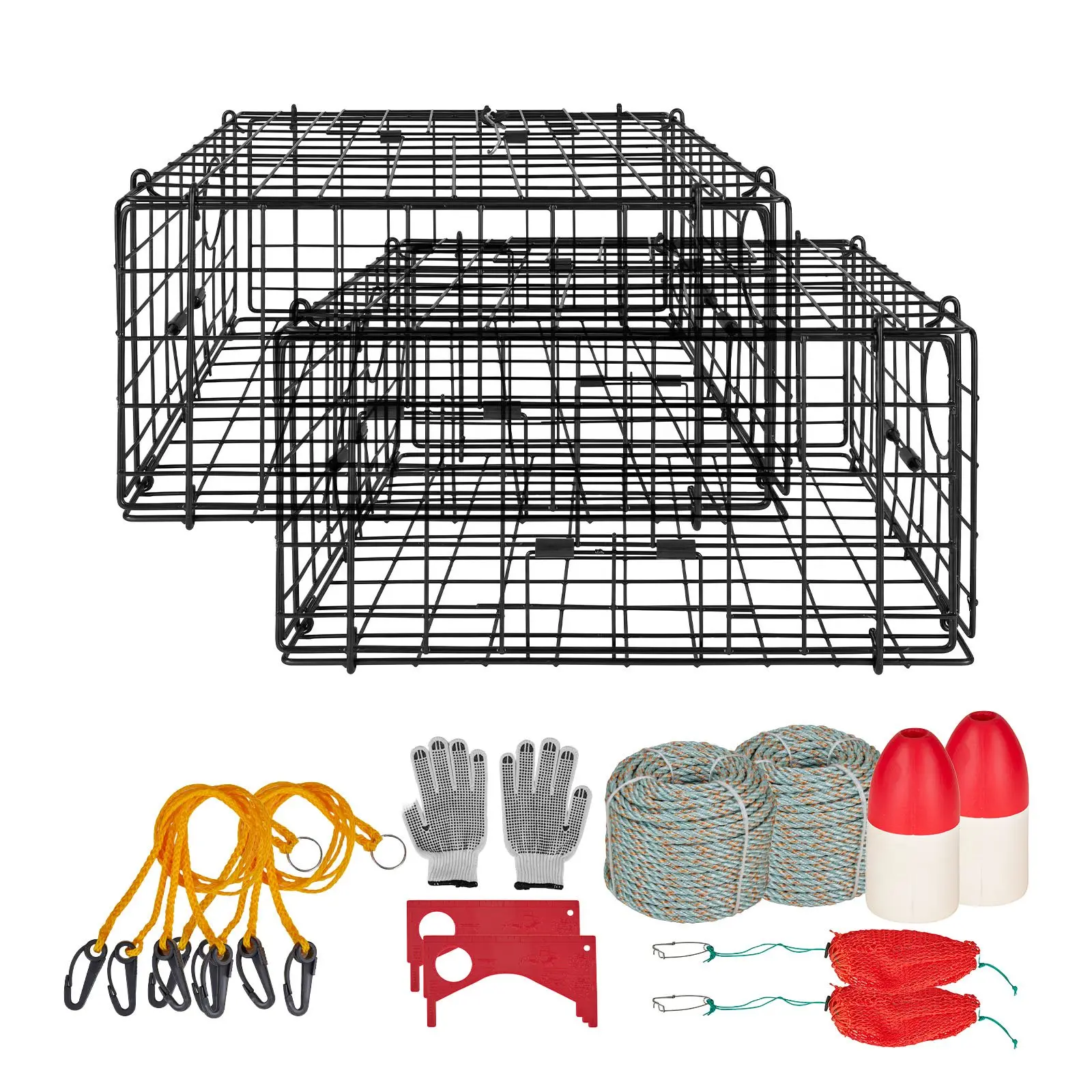 【Summerfinds】VEVOR 2-Pack Square Shape Large Size Heavy-Duty Crab Trap, 24.4x24.4x11.8in Fishing Equipment, Black PVC Coated Wire Mesh, Weighted Sinker Gauge, Red/White Float, 100ft Leaded Core Rope, Gloves, Four Entries
