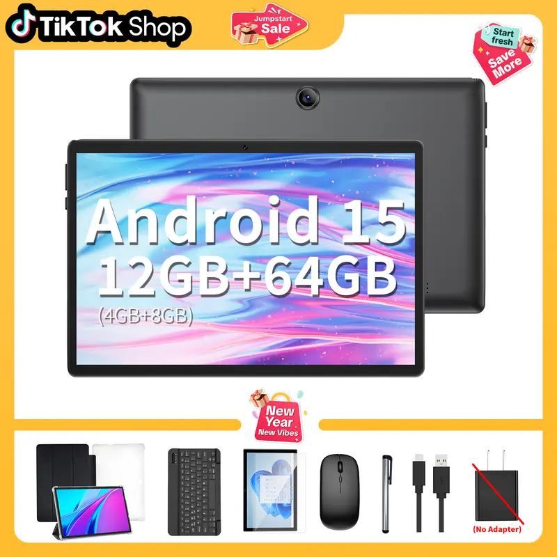 【TikTokShopJumpstartSale】Relndoo 2026 Android 15 10.1 Inch Tablet, 12GB (4GB+8GB) RAM 64GB ROM, 5-in-1 with Keyboard, Mouse, Stylus, Case, 5G WiFi for Valentine’s Day Gift 0