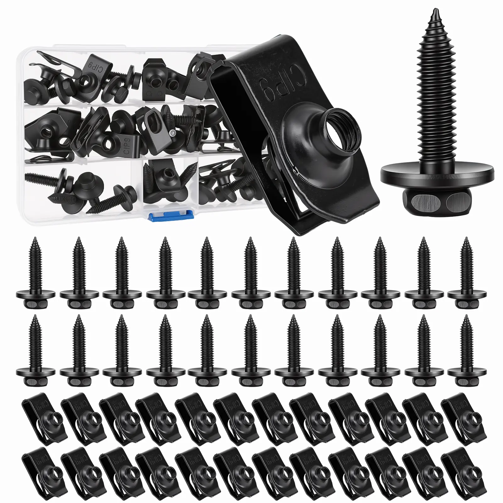 GJANSH 50PCS 1/4 Body Bolts & U-Nut Clips Kit for Fender Bumper Engine Cover Splash Shield Fastener Retainer Clips, Automotive Universal Screws Black(25 Sets)