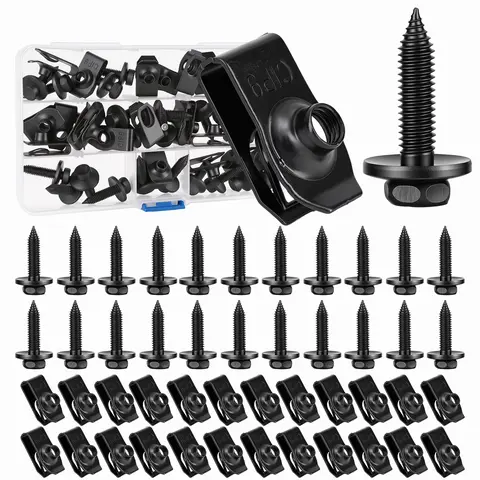 GJANSH 50PCS 1/4 Body Bolts & U-Nut Clips Kit for Fender Bumper Engine Cover Splash Shield Fastener Retainer Clips, Automotive Universal Screws Black(25 Sets)