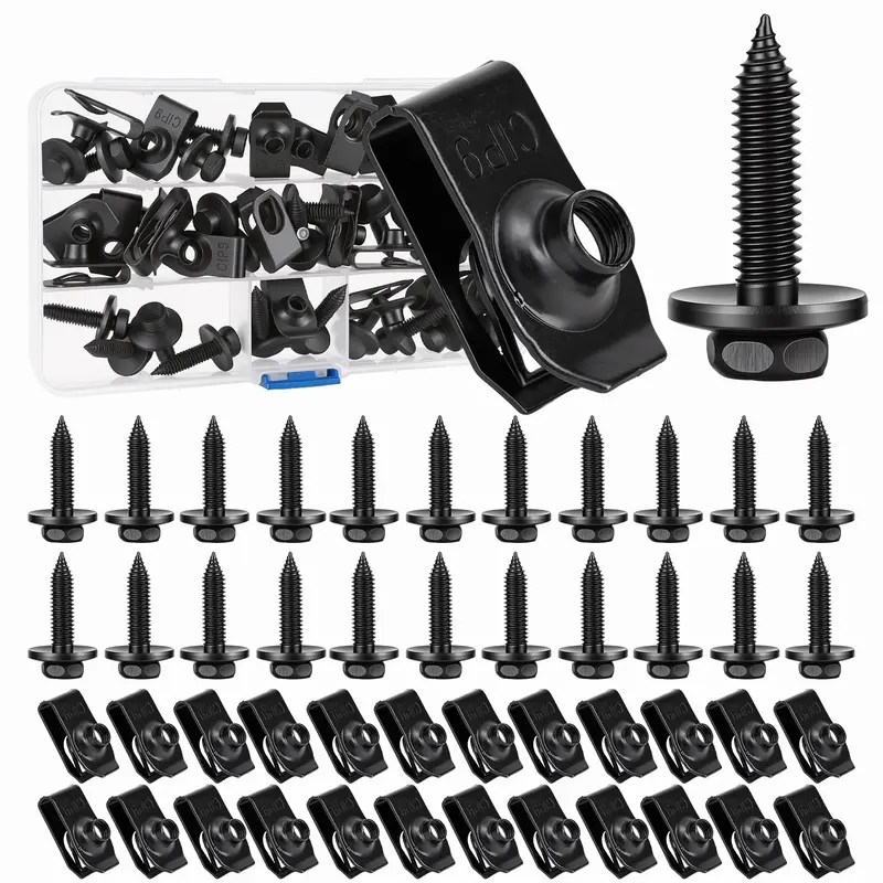 GJANSH 50PCS 1/4 Body Bolts & U-Nut Clips Kit for Fender Bumper Engine Cover Splash Shield Fastener Retainer Clips, Automotive Universal Screws Black(25 Sets)