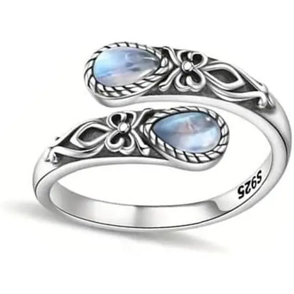 Silver Natural Moonstone Rings for Women Adjustable Flower Thumb Ring Vintage Spoon Rings Boho Nature Inspired Jewelry Gift