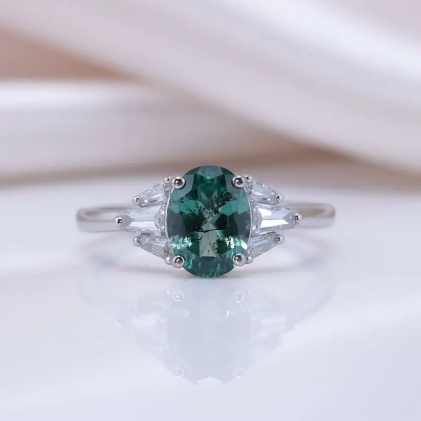 Oval Cut Natural Moss Agate 4 Prong Engagement Ring