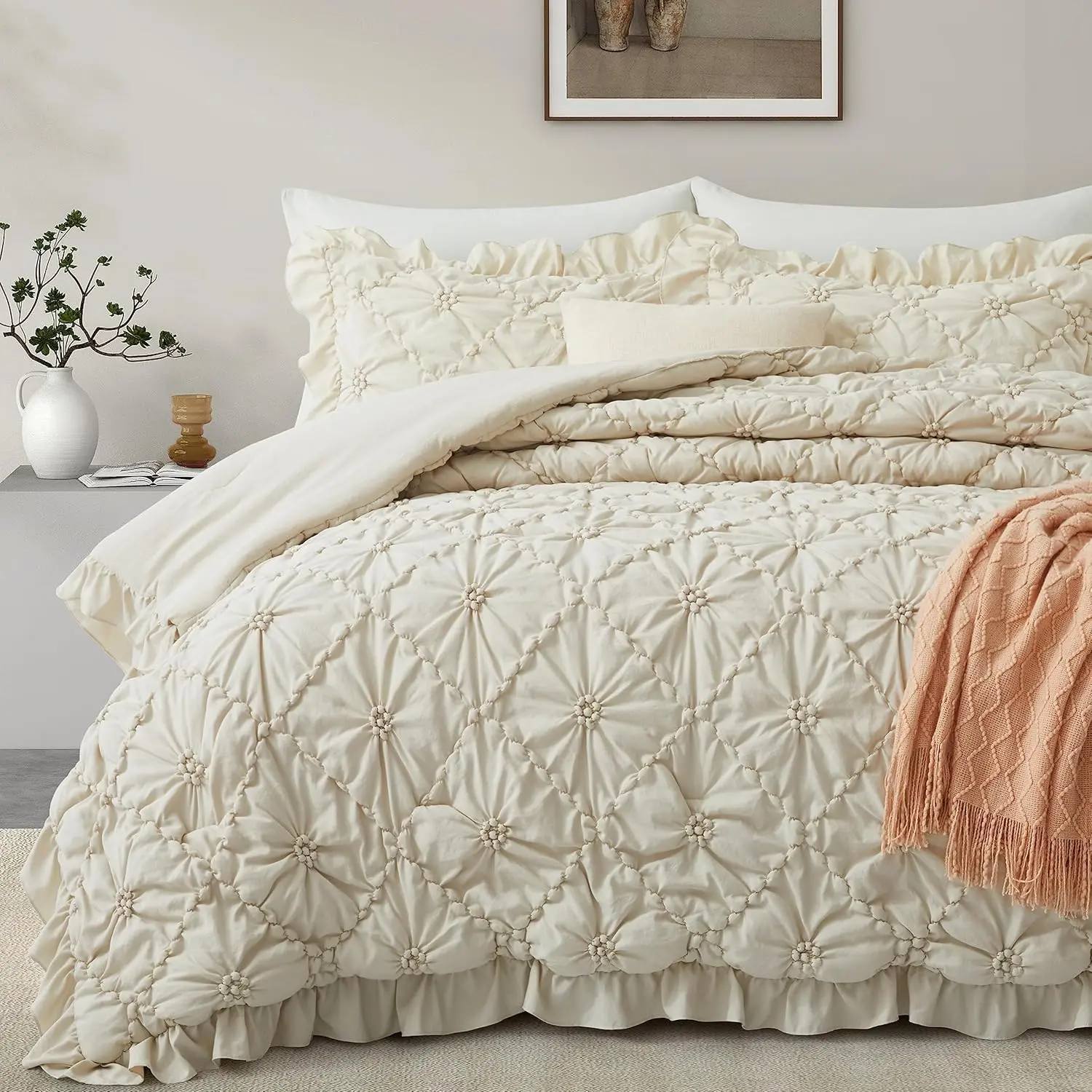 Size Comforter Sets, Beige Bedding Comforter Set, 3 count Pinch Pleat Bedding Sets with Comforter and Pillowcases Soft Farmhouse Shabby Chic Comforter for All Season