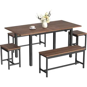 5-Piece Extendable Dining Table Set for 4-8 People – 63" Farmhouse Kitchen Table with 2 Benches & 2 Stools, Space-Saving Dining Room Furniture Sets, Metal Frame, Easy Assembly