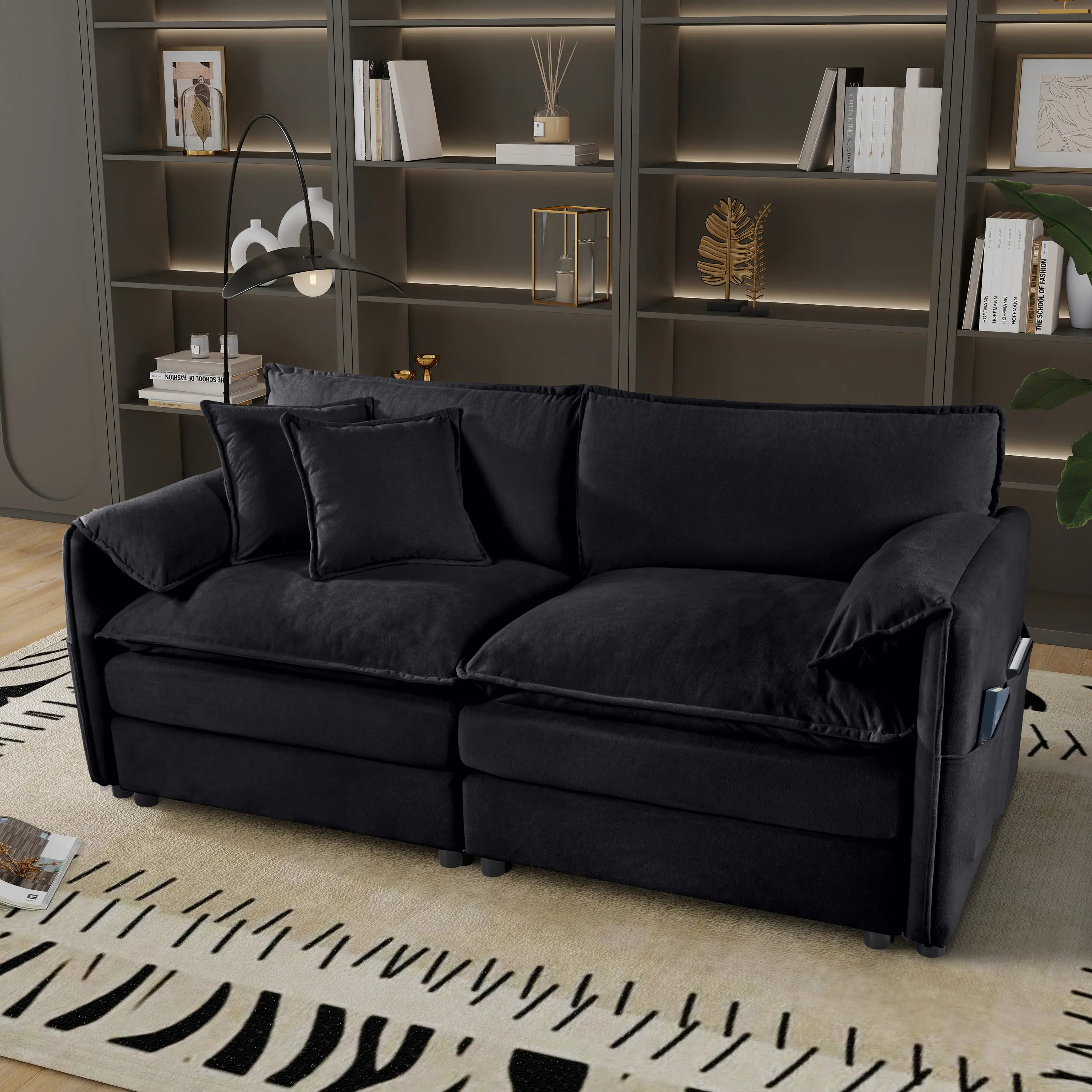 Oversized Chenille Loveseat Sofa 2-Seater Cloud Couch, Modern Deep Seat Love Seat with Square Arms, Modular DIY Assembly for Living Room Bedroom Office Apartment, Black