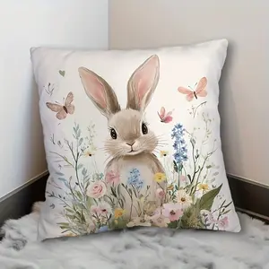 Easter Bunny Floral Pillow Cover - 17.7x17.7 Inch Soft Plush Polyester Decorative Pillowcase with Zipper Closure, Vibrant Spring Home Decor for Bedroom, Living Room, Machine Washable (No Insert Included), Bunny Decor, Playful Design, Flower Design