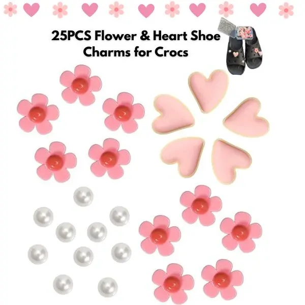 25PCS Flower & Heart Shoe Charms for Crocs, Pearl Shoe Charms, Cute Shoe Accessories for Girls, Clog Charm Set, DIY Shoe Decorations, Party Favors, Back to School Gifts