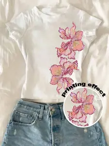 Women's Milk Silk T-Shirt, Top, Floral Print, Sexy Fitted, Casual Streetwear, Summer Fashion, Trendy and Versatile, Everyday