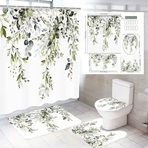1/4pcs Spring Bathroom Decor, Bathroom Decoration Accessories, Shower Curtain Set with Eucalyptus Leaves Watercolor - 4 Piece Botanical Bath Mat, Toilet Lid Cover, Rod Pocket Shower Curtain for Modern Bathroom (No Hooks) - Home Gift