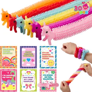 30 Pcs Valentine's Day Gift Cards with Multi-color Stretchy String Toys Set, Unicorn Noodle Toys, Stress Relief Fidget Toys for Kids Valentine Party Favors, Classroom Gift Exchange, Game Prize