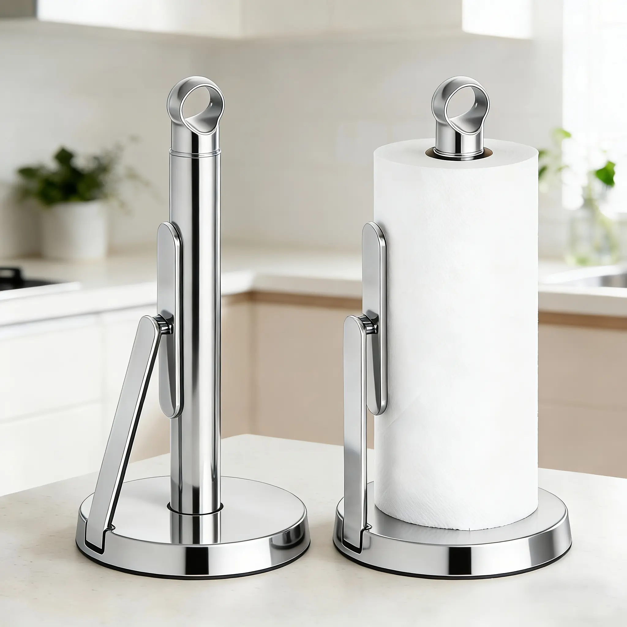 Vitscan Heavy-Duty Stainless Steel Paper Towel Holder with Tension Arm, 1-Handed Tear Standing Countertop Dispenser for Kitchen, Holds All Paper Towel Rolls, Silver