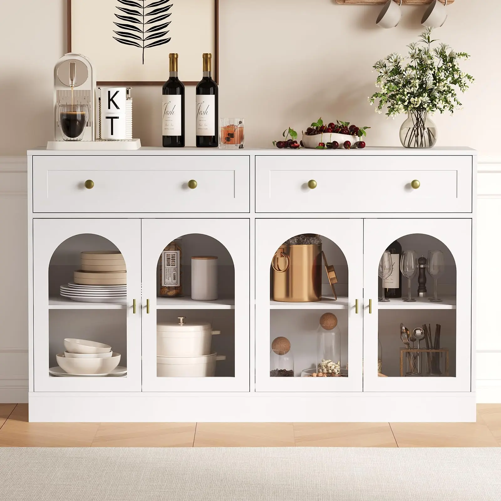 55" White Farmhouse Sideboard Buffet Cabinet with Glass Display, 2 Drawers & Storage for Kitchen, Dining Room, Living Room