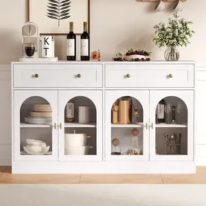 55" White Farmhouse Sideboard Buffet Cabinet with Glass Display, 2 Drawers & Storage for Kitchen, Dining Room, Living Room