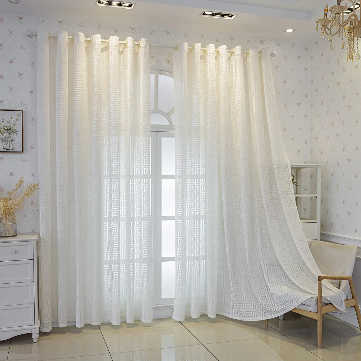 White  2-Panel Light Filtering Window Curtains - Top-Hanging Soft Embossed Jacquard, Breathable, Ideal for Living Room Decorations, Home Decor Ideas