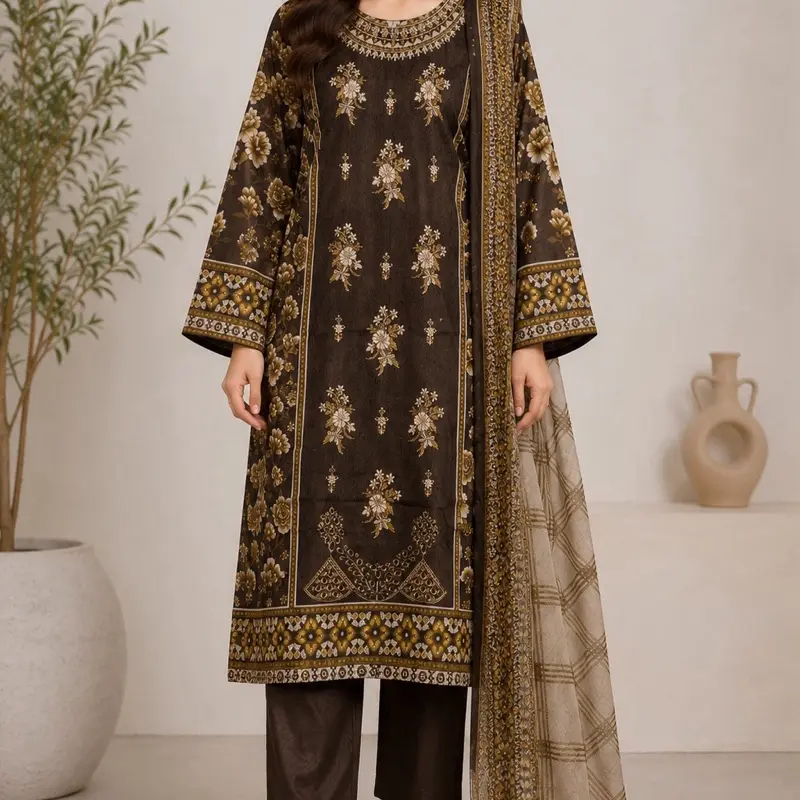 Women's Brown, Floral Embroidered 3-Piece Suit